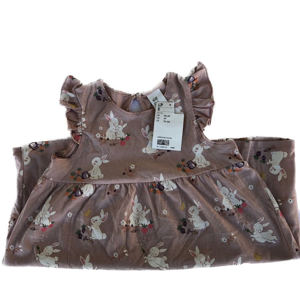 H & M Girls Dress Dusty Rose Pink/White Bunnies Flutter Cap Sleeves Size 2T - Picture 4 of 8